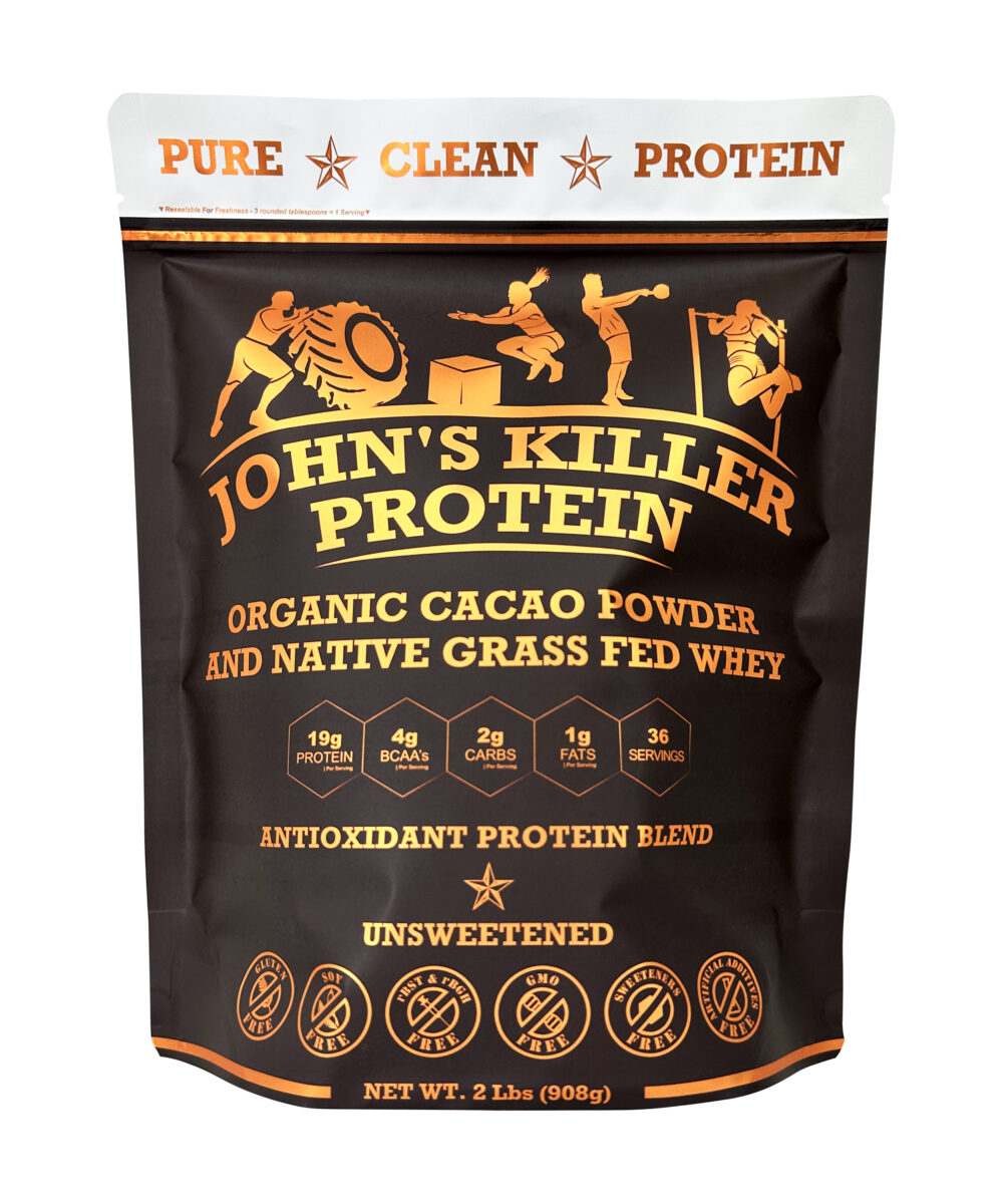 John's Killer Protein® - sugar free organic chocolate protein powder. Made with organic dark cacao beans and our native whey protein.