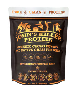 John's Killer Protein® - sugar free organic chocolate protein powder. Made with organic dark cacao beans and our native whey protein.